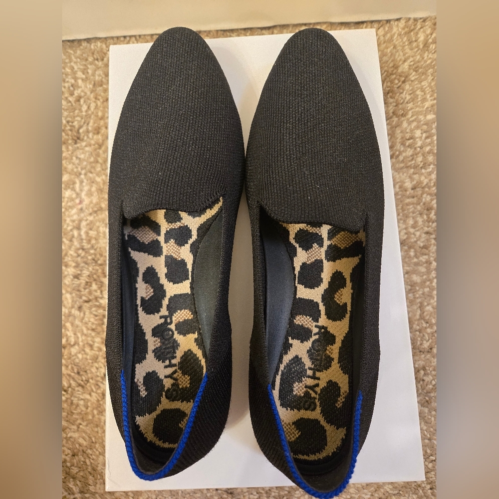 Rothy's Black Knit Almond Loafer with Leopard Insole